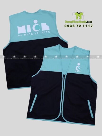 Áo gile bảo hộ đồng phục phối màu xanh mint đen in logo 24 Nite Mart