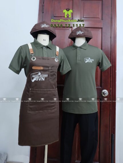 Bộ đồng phục quán cafe BVN thiết kế gọn gàng tinh tế.