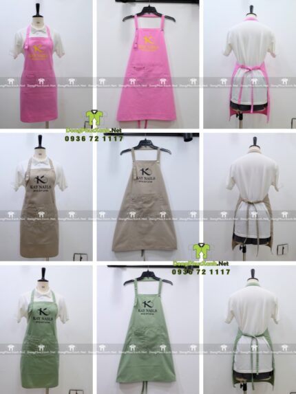 Tạp dề nail cao cấp in logo Kay Nails gồm 3 màu hồng, be, xanh mint