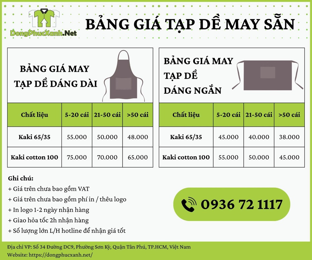 Bảng giá may tạp dề tại Đồng Phục Xanh
