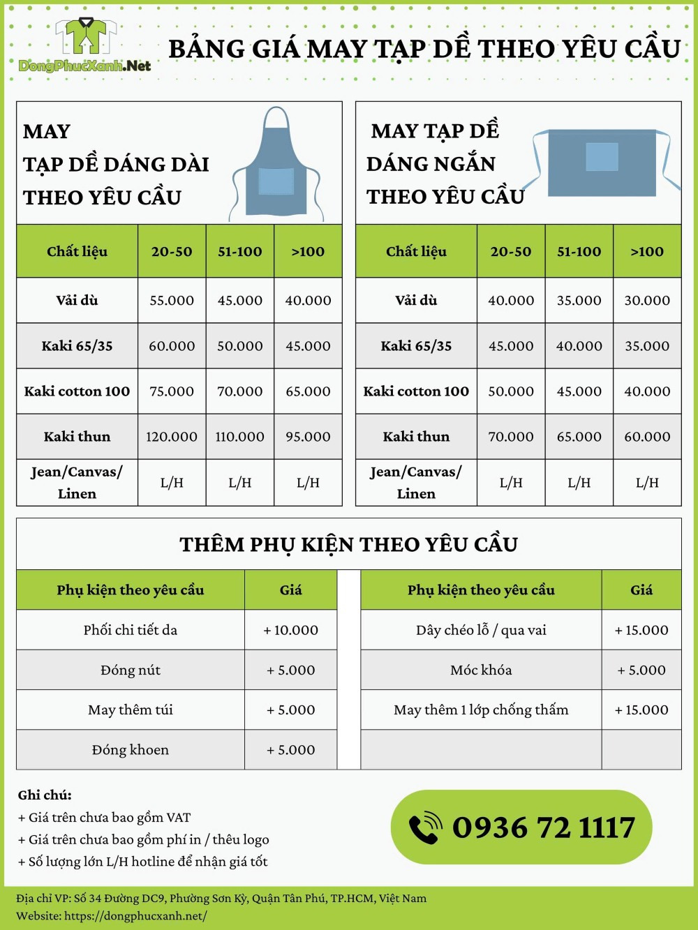 Bảng giá may tạp dề tại Đồng Phục Xanh theo yêu cầu