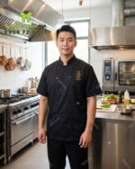 áo bếp - vải kaki cotton 65 phối lưới