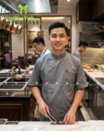 áo bếp vải kaki màu xám