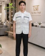 áo gile kỹ sư công ty nội thất - vải kaki phối lưới cùng nón bảo hộ