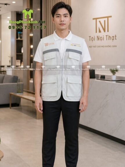 áo gile kỹ sư công ty nội thất - vải kaki phối lưới cùng nón bảo hộ
