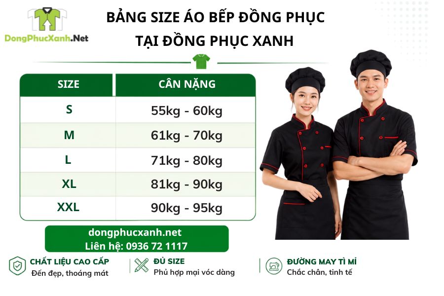 Bảng size áo đồng phục đầu bếp