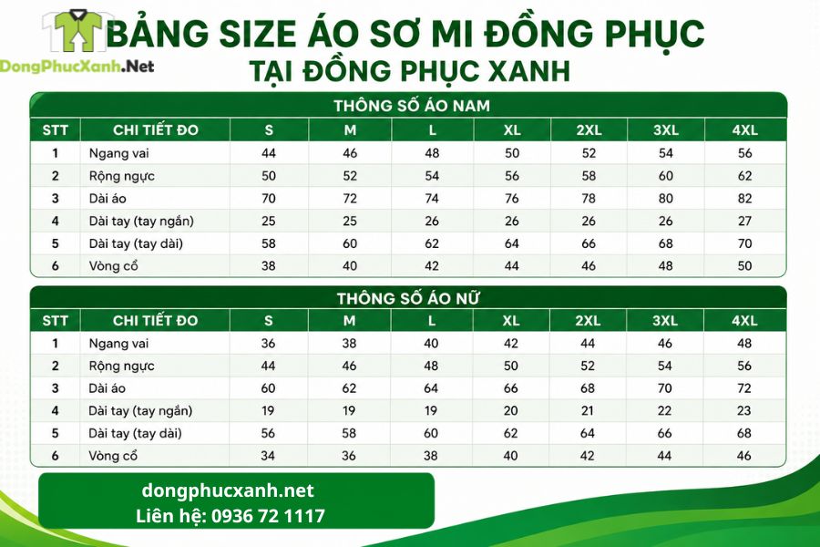 Bảng size áo sơ mi đồng phục tại Đồng Phục Xanh